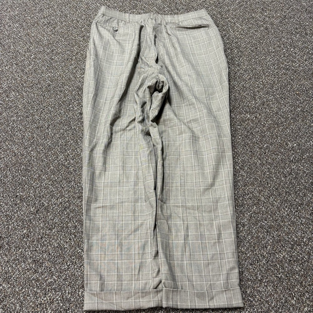 Vintage Dress Pants 1990s 36x30 Designer Plaid Patterned Gray Relaxed Fit Suit